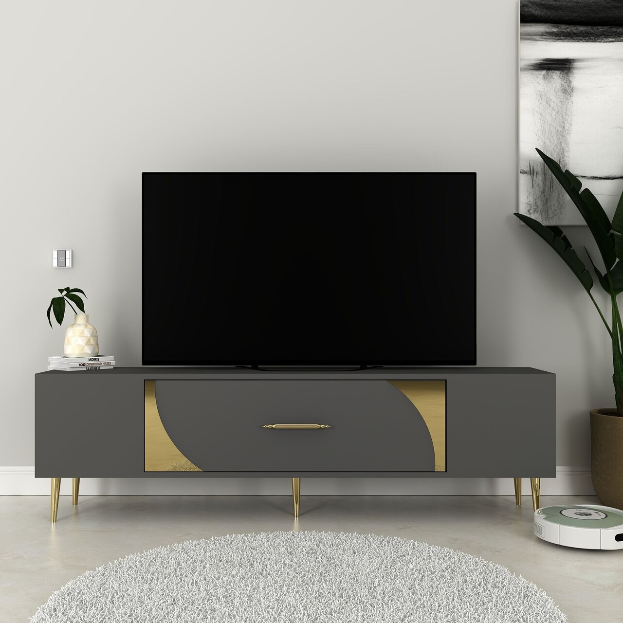 Comoda TV, Hanah Home, Dekop2, 150x48.2x29.6 cm, Antracit / Aur - imagine 7